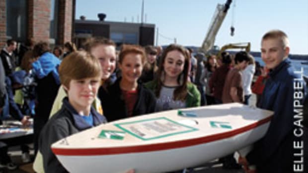 Students from Wagner Middle School in Winterport, Maine, with their mini-boat, Pridetanic, which landed in Portugal after seven months on the Atlantic