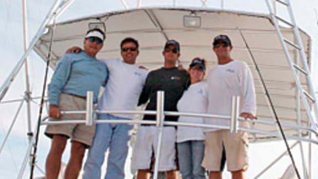 The team on Relentless set a single-boat record in winning the Islamorada Sailfish Tournament. Pictured, left to right, are Fenton Langston, Paul Ross, Jimmy Hendrix, and Debbie and Jimmy David.
