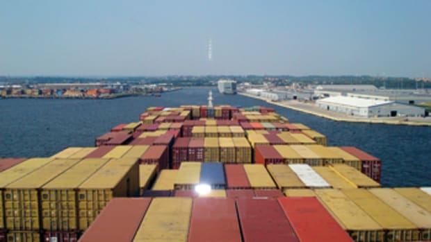 This is the view from the bridge of the container ship M.S.C. Marianna as she approaches the Seagirt Marine Terminal. You can just make out the bow over the Conex boxes stacked on deck.
