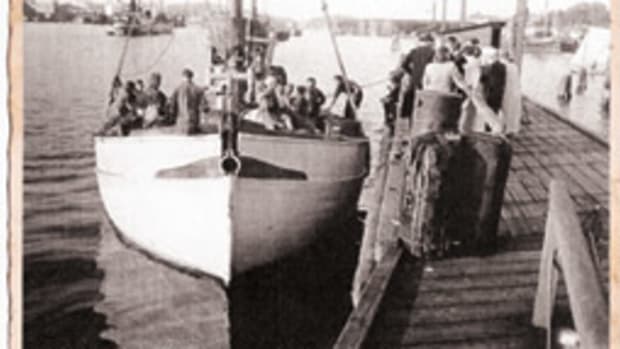Shoving off - Astrid departs Gothenburg, Sweden, on July 5, 1948, with 29 Estonians on board for the long trip across the North Sea and the Atlantic to Newfoundland.