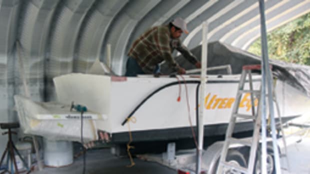The refit of this Mako involved building a full-height transom to accept an engine bracket.
