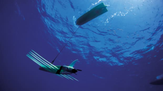 The Wave Glider comprises a floater with a solar panel tethered to a “wave engine” below that moves the vessel forward.