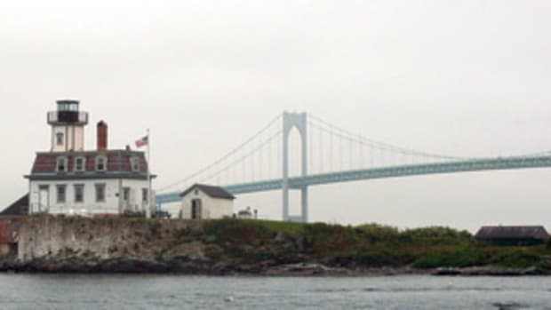 The Rose Island Lighthouse, with the foghorn building on the left, as seen by guests arriving on Starfish, a 32-foot Jarvis Newman lobster boat.