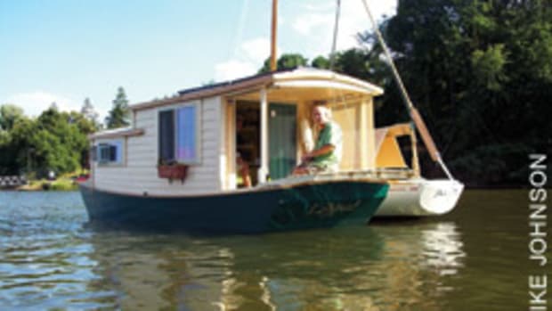 Joe Fernon is quite at home aboard Lilypad, the 20-foot shantyboat he built.