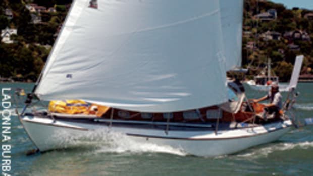 Derk Wolmuth at the helm of Bela Bartok during the San Francisco Bay start of the Singlehanded TransPacific Yacht Race
