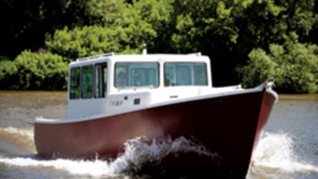 The slender Eco-Trawler 33 has a beam of 8 feet, 6 inches and a cruising speed of 13 to 15 knots.