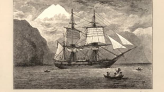 A depiction of Charles Darwin's HMS Beagle in the Straits of Magellan, with Mt. Sarmiento in the distance.