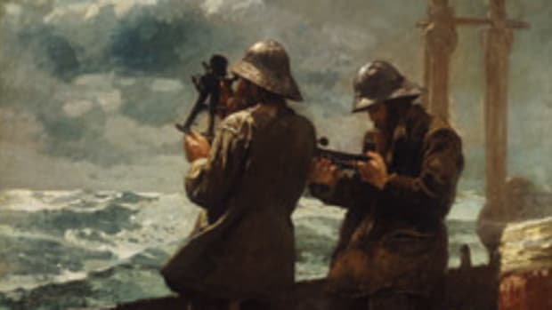Winslow Homer's 1886 oil painting Eight Bells depicts two sailors using sextants, the modern navigation instrument of the day.