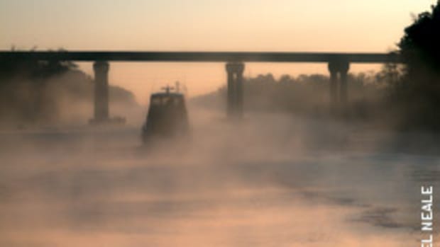 Boats should move slowly in fog. Navigation Rules require vessels to reduce their speed to as low a level as is prudent under the circumstances.