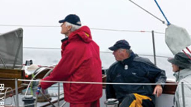 Ted Turner (at the helm) and Gary Jobson (sitting) reunited in late September aboard American Eagle for the 12 Meter North American Championships.