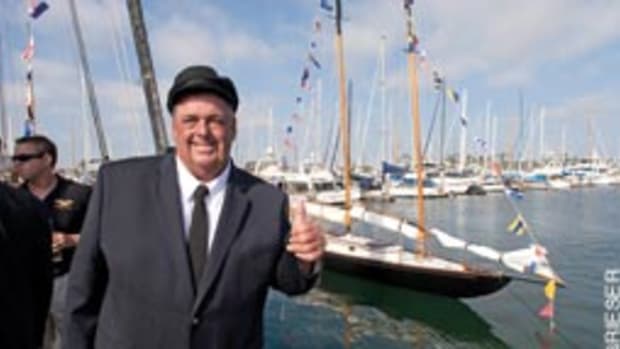 A happy Dennis Conner at the launch of his 100-year-old gaff-rigged schooner, Fame.