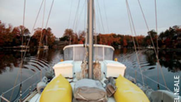 Tom's Gulfstar with four of his little boats aboard (kayaks, sailboard and inflatable bags).