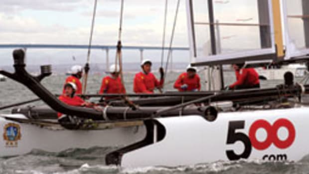 Former Chinese basketball star Ma Jian (center) trains in San Diego with the sailing team, which needs more money, better sails and more time on the boat to compete with the top teams.