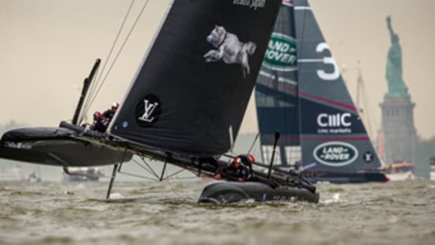 Land Rover BAR, seen in the background behind SoftBank Team, was the overall winner of the Louis Vuitton AC World Series qualifying races.