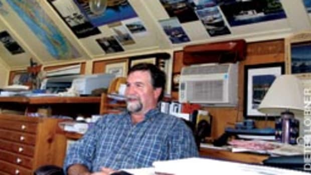 Devlin (here in his Olympia, Wash., office) says he builds boats with 'personality.'