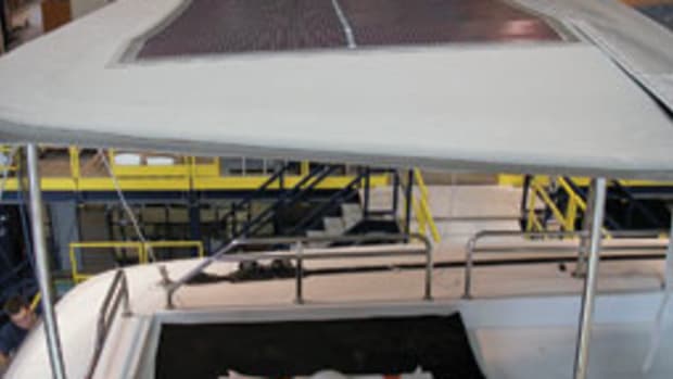 The Bimini has two 10.75-square-foot panels that produce 50 watts each.