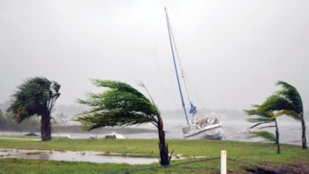 The hurricane pushed this sailboat aground on the St. Johns River in Florida.