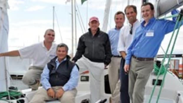 The Summit 35 team (from left): Scott Empson, EdgeWater; George Carabetta, a partnet at Summit Yachts; Tom Whidden; Barry Carroll, another partner at Summit; Peter Truslow; and Mark Mills of Mills Design.
