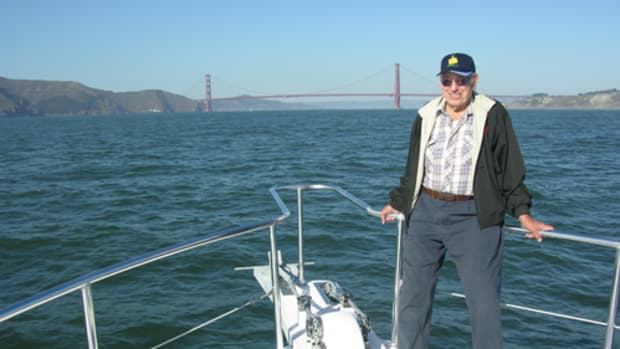 Lyngso on the bow as Lena approaches the Golden Gate Bridge.