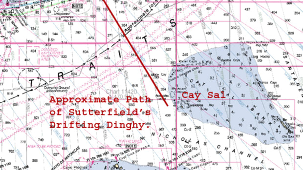 As you can see from this chart, Sutterfield’s dinghy would have had to drift on a path athwart the powerful current of the Gulf Stream. Even without a loss of propulsion, the range of a small outboard was nowhere near the 72 miles it needed to travel from Marathon to Cay Sal Bank, even if it were powerful enough to buck the Stream.