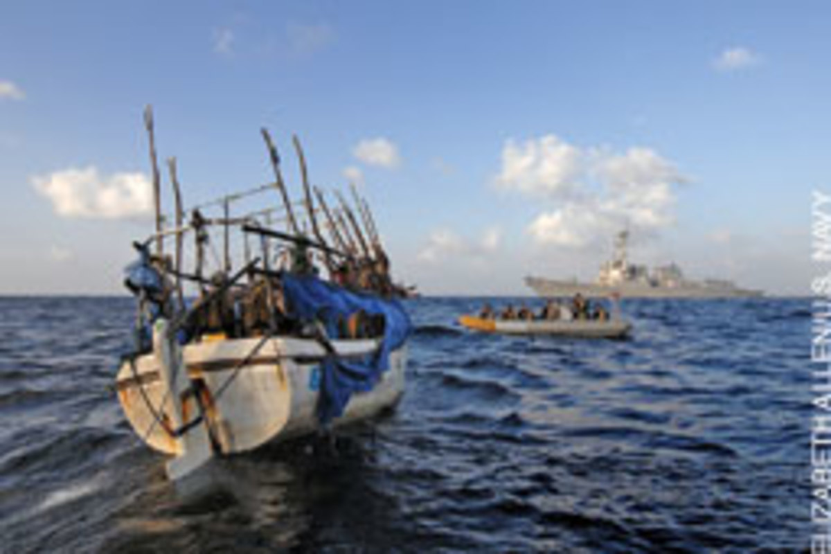 A Somali skiff is about to be boarded by U.S. forces in the Gulf of Aden.