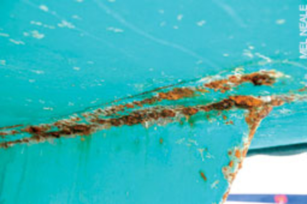 This keel joint shows rust from the steel keel and keel bolts, a catastrophe waiting to happen.