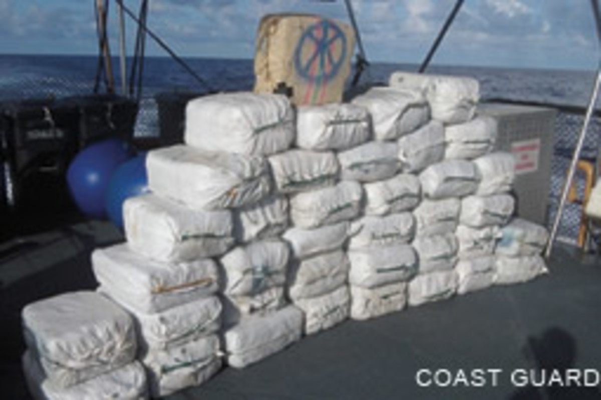 Drug seizures, such as these bales of cocaine taken off the Dominican Republic, are a routine part of Coast Guard work. 