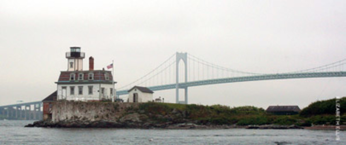 The Rose Island Lighthouse, with the foghorn building on the left, as seen by guests arriving on Starfish, a 32-foot Jarvis Newman lobster boat.