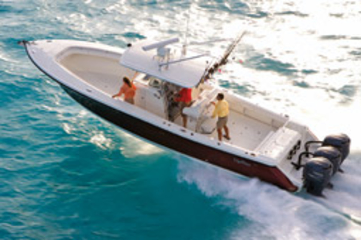 The flagship 388CC can be powered with twin or triple outboards.
