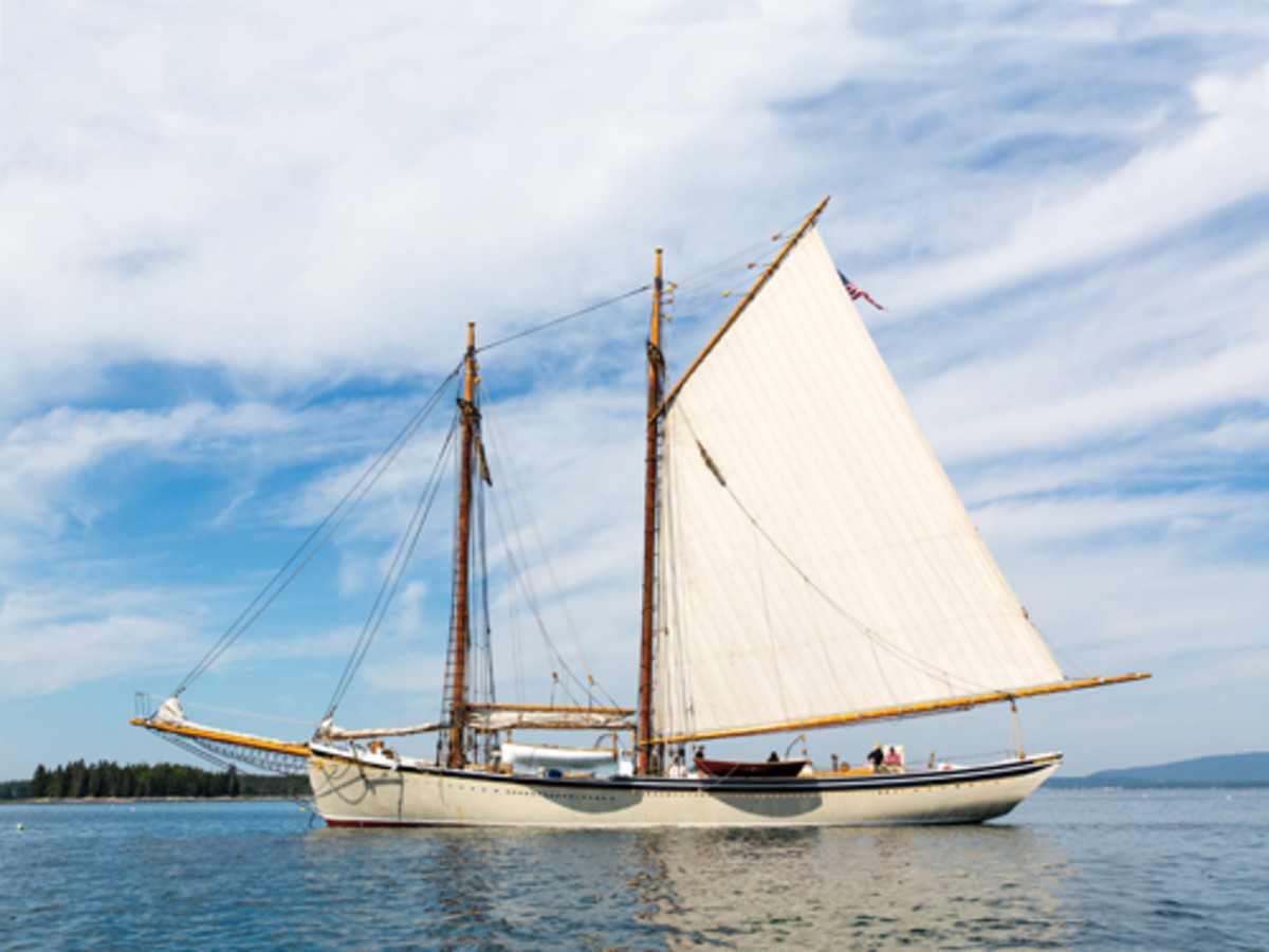 A National Historic Landmark, the schooner American Eagle has sailed the Maine coast since 1930. Here, she’s anchored at Islesford during a six-day cruise.