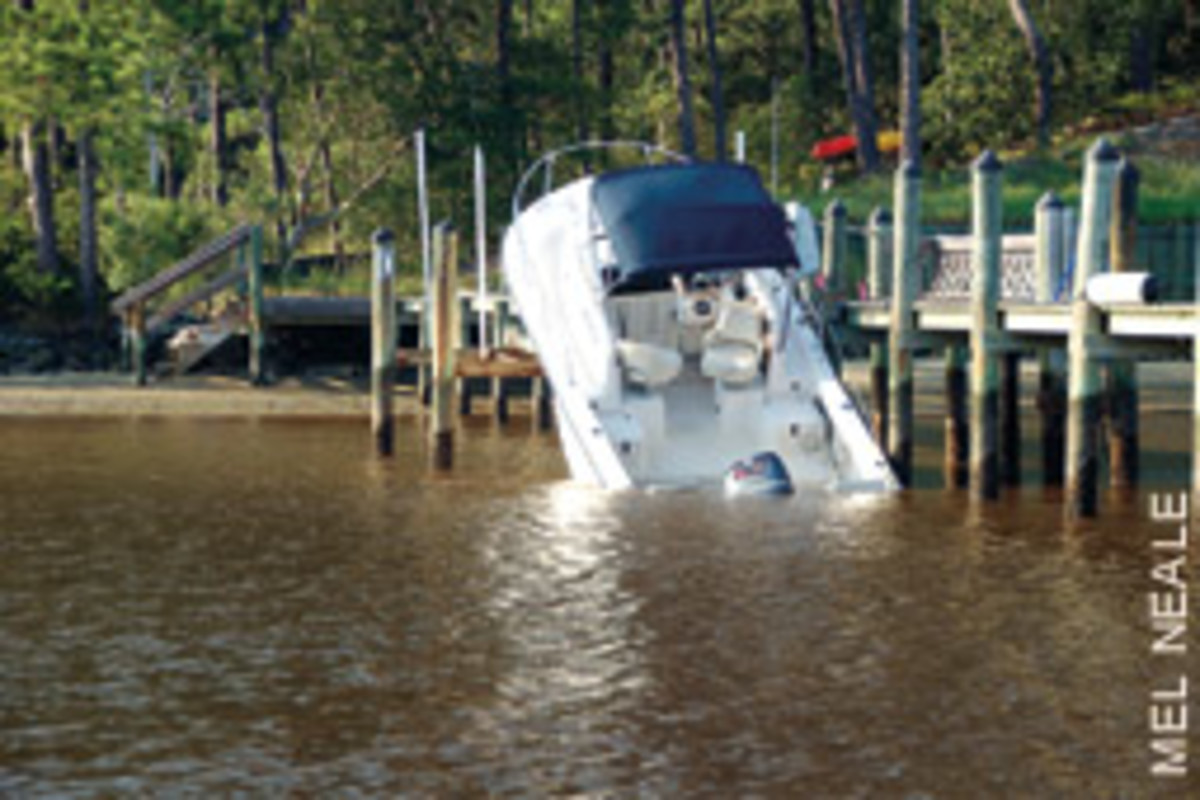 This boat was safe and sound on its lift until a tropical storm filled the cockpit with rainwater.