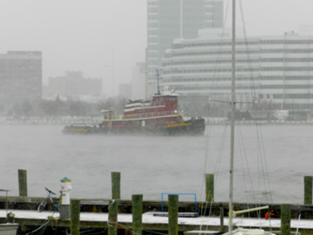 Tugs such as the Eileen McAllister must report for work in just about any weather.