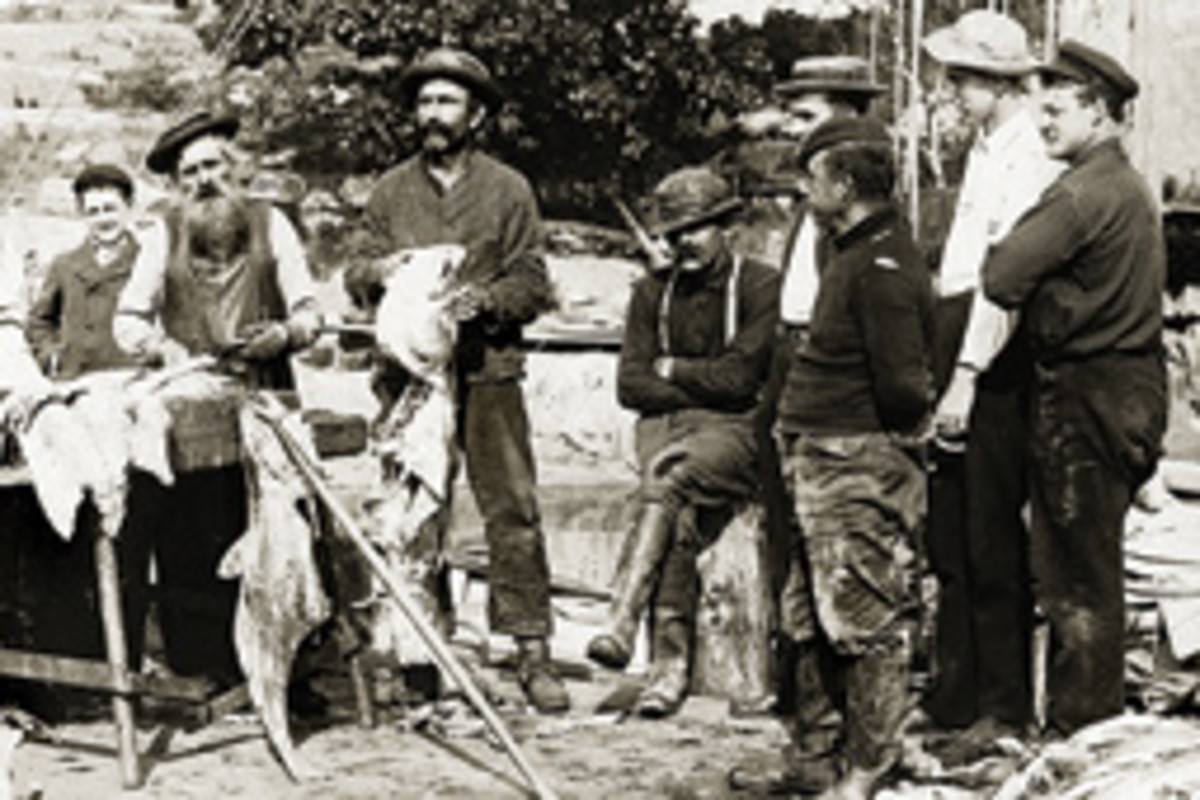 Historic photos of commercial fishermen are on display at a cafe in Ellsworth, Maine.