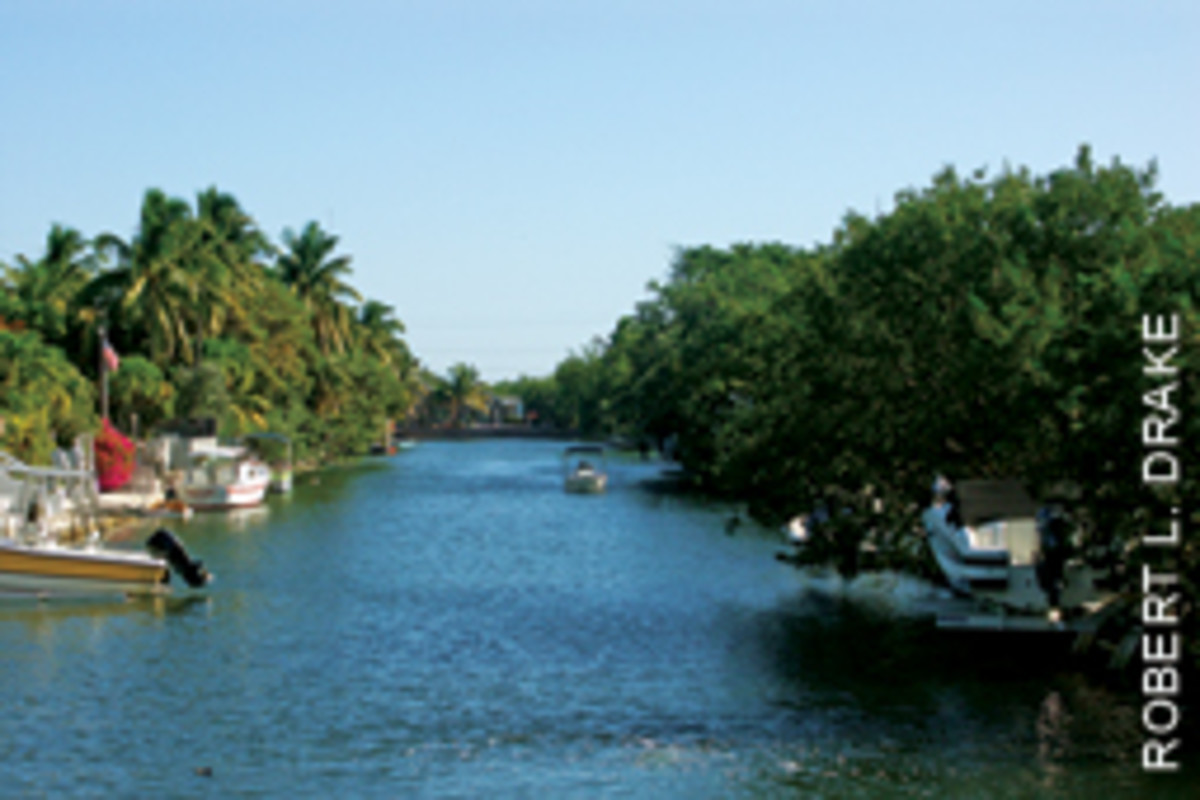 The view from the three-bedroom house in the Florida Keys is down a quiet canal. 