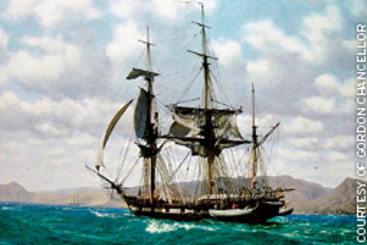 A painting by John Chancellor depicts HMS Beagle off James Island in the Galapagos, October 1835.