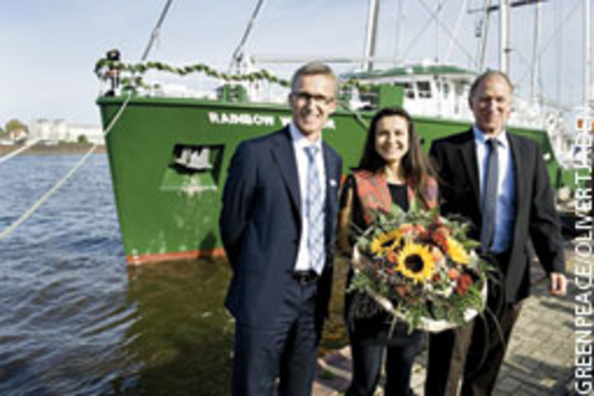 (From left) Harald Fassmer, CEO of Fassmer Shipyard, Melina Miyowapan Laboucan-Massimo, godmother of the ship, and Capt. Joel Stewart were on hand for the launching ceremony in Berne-Motzen, Germany.
