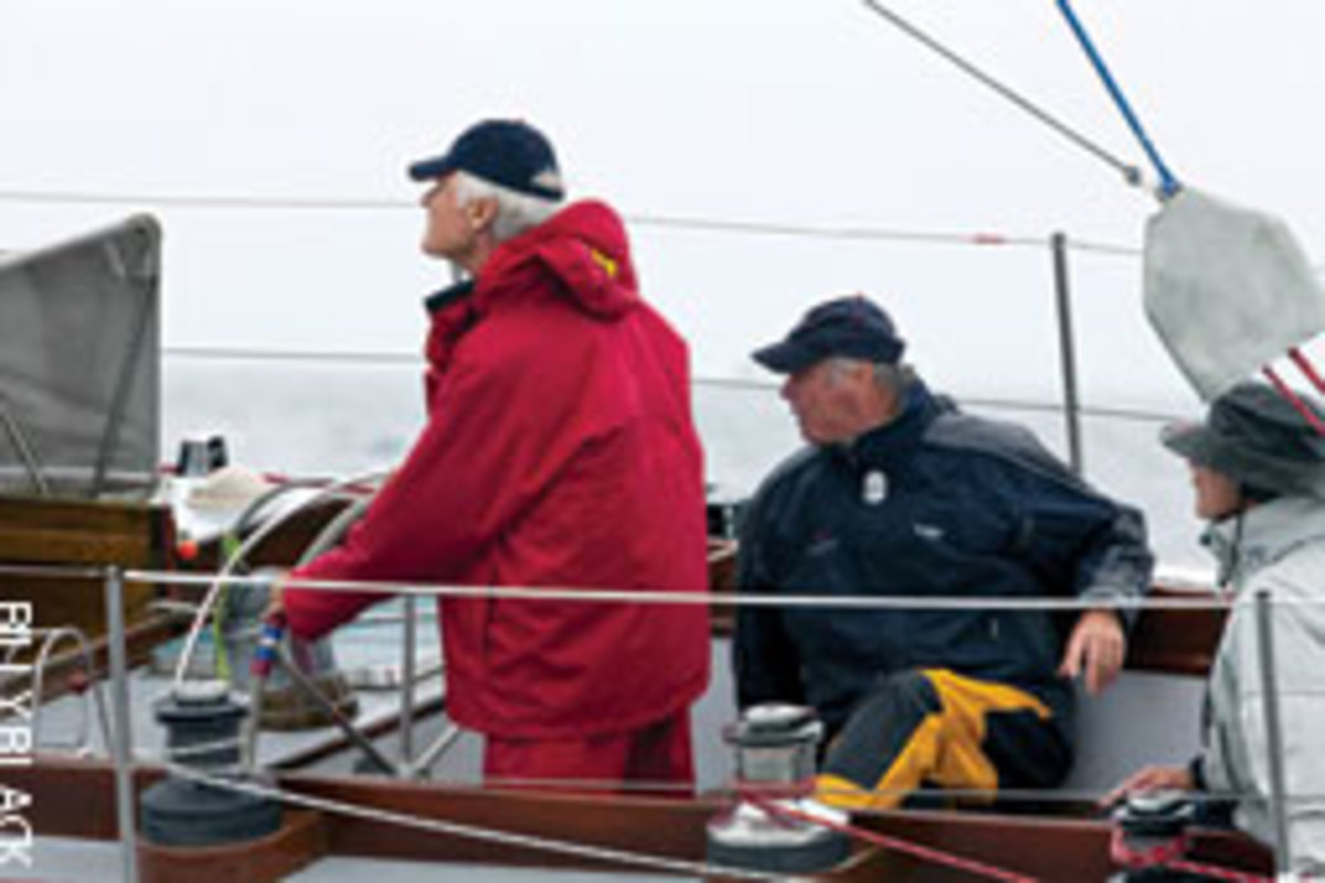Ted Turner (at the helm) and Gary Jobson (sitting) reunited in late September aboard American Eagle for the 12 Meter North American Championships.