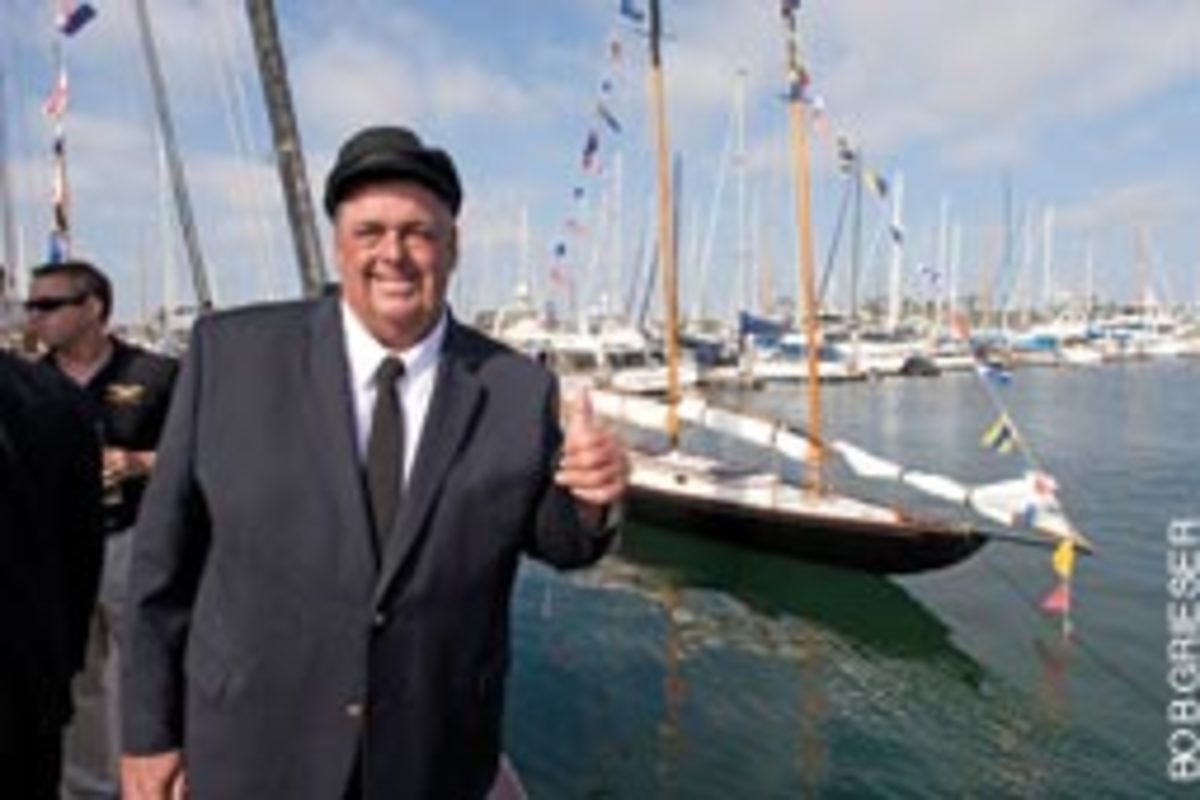 A happy Dennis Conner at the launch of his 100-year-old gaff-rigged schooner, Fame.