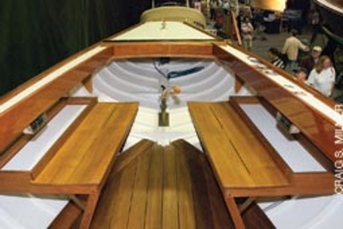 Perhaps the most 'traditional' boat in the show was the beautiful plank-on-frame International One Design sailboat Enigma built by Tern Boatworks of Nova Scotia.