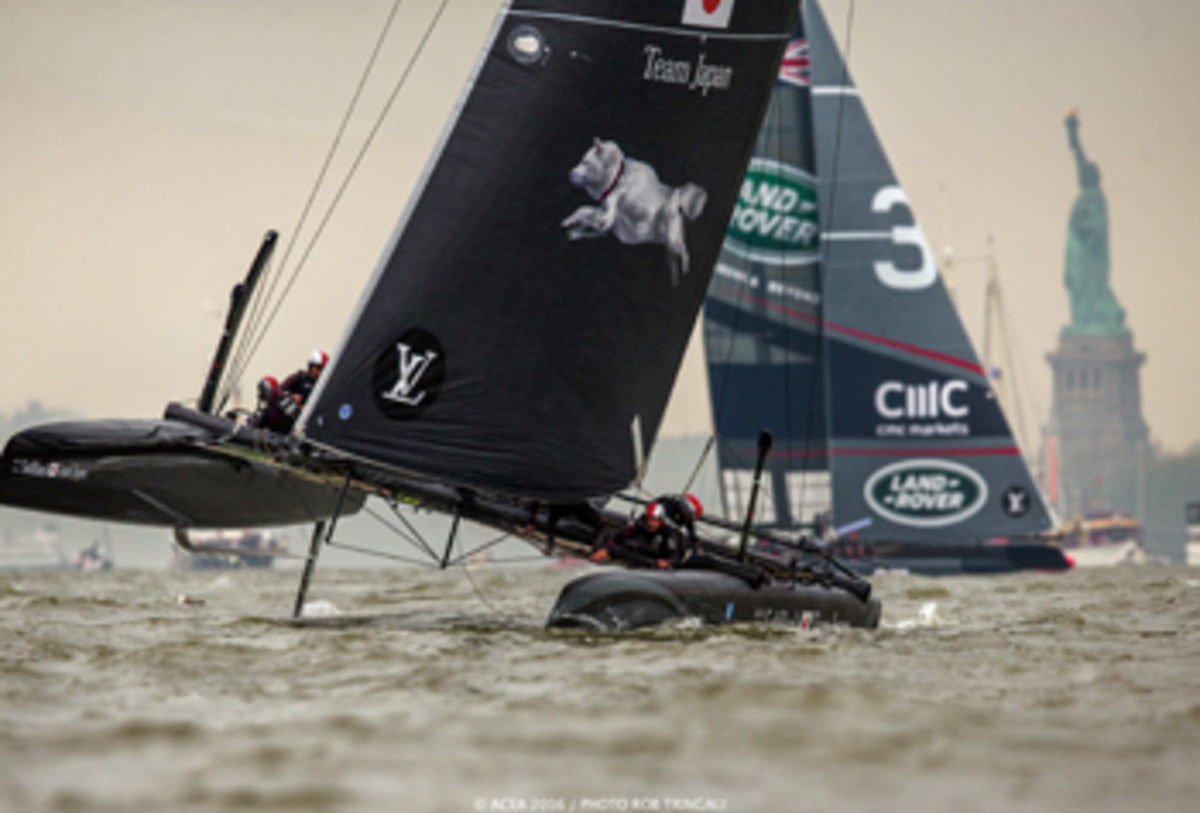 Land Rover BAR, seen in the background behind SoftBank Team, was the overall winner of the Louis Vuitton AC World Series qualifying races.