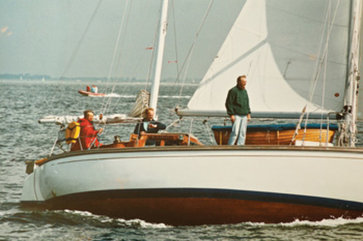 Gerhild Wiendieck at the helm of her spidsgatter-ketch Astarte, which she raced and cruised extensively.