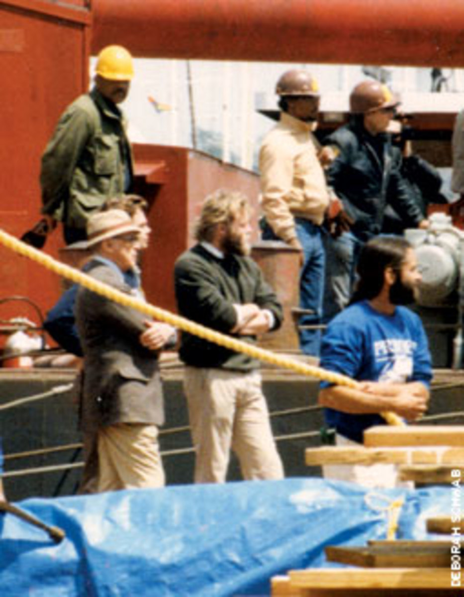 Gillmer (on left in hat) and the author, Iver Franzen (right) strike a similar pose as they oversee the launch of The Pride of Baltimore II. This is one of the few photos of student and mentor together.