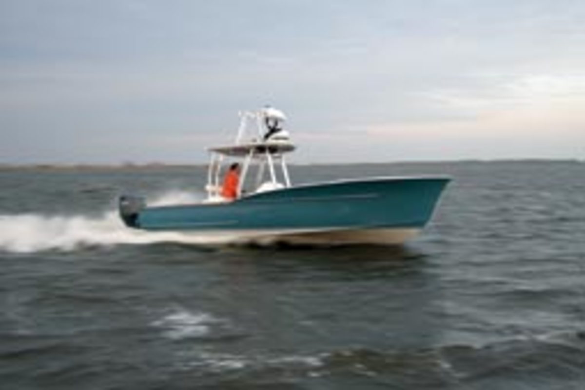 The Harrison Boatworks 28 Center Console Sportfisherman has relatively flat aft sections for an efficient running bottom.
