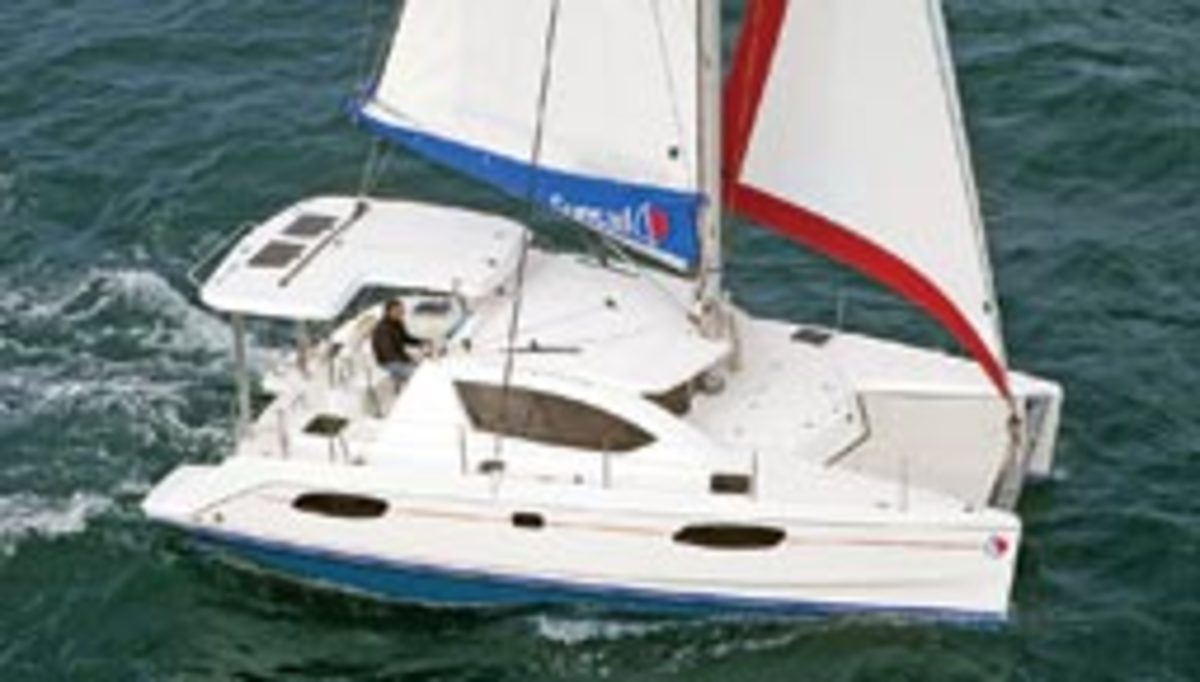 The Morelli & Melvin-designed Sunsail 384 is an example of charter fleet sustainability. The two solar panels behind the traveler track generate electric power from sunlight.