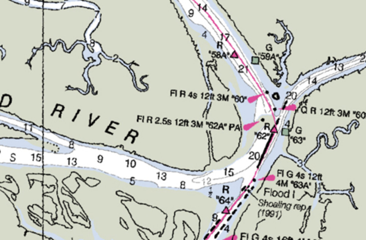 The “best route” on this NOAA chart for the Crooked River in Georgia suggests you cut two red marks and cross a mudbar.