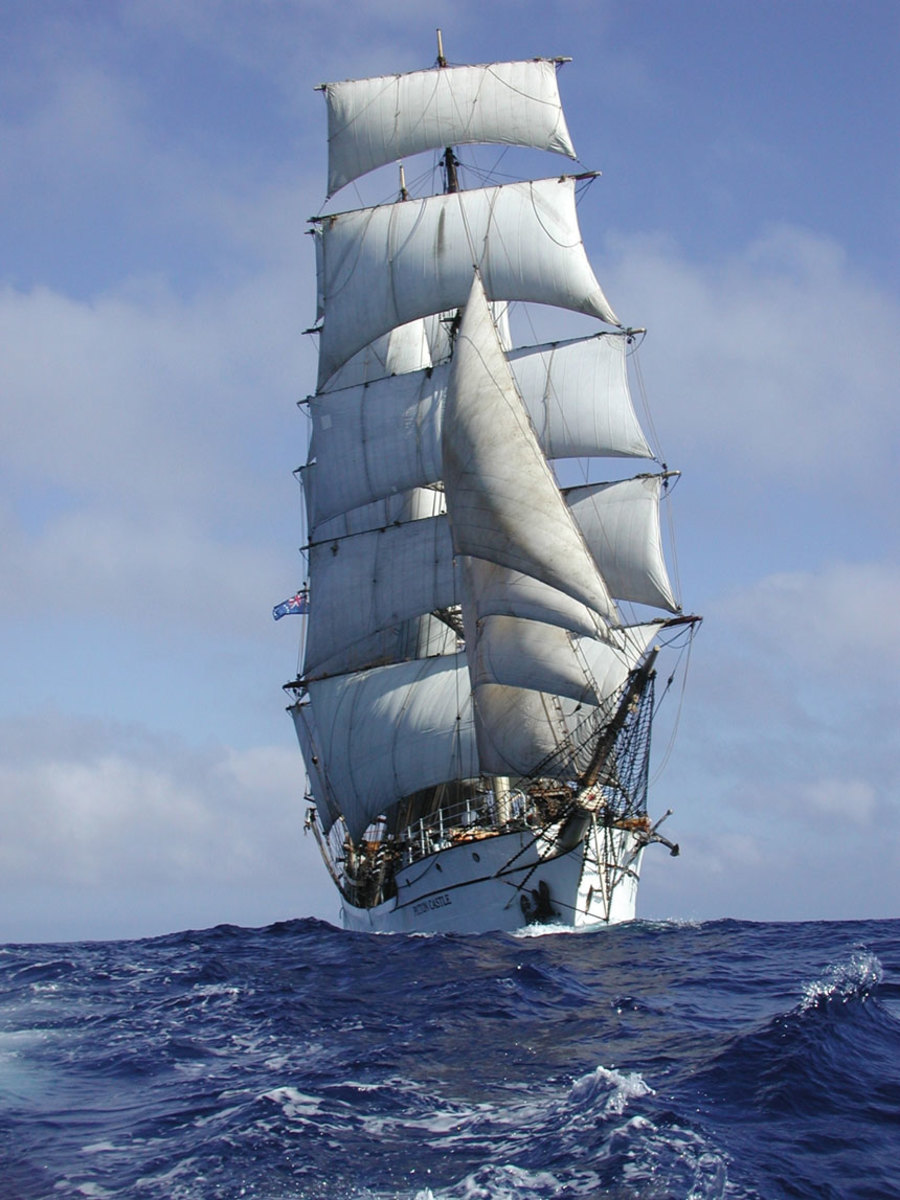 A square-rigger under full sail is a sight to behold. Picton Castle’s 23 sails 
are made on board.