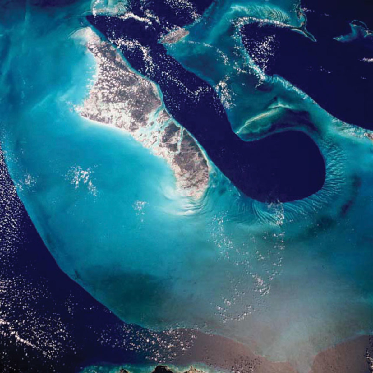 An aerial view of the Tongue of the Ocean, the deep waters that run between Andros and New Providence.