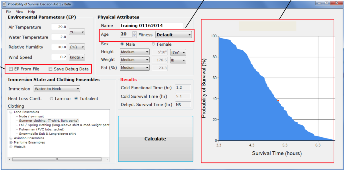 A screen shot of the U.S. Army-developed Probability of Survival Decision Aid (PSDA)