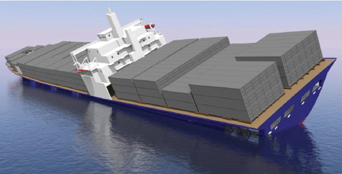 El Faro, seen from the stern, lists 25-degrees to port in this computer-generated image. At such an angle, lashings on containers would start to snap, and loose containers would add strain to their neighbors’ lashings in a perilous domino effect.