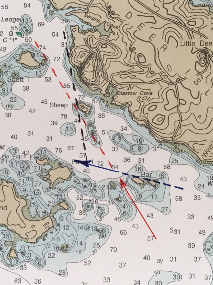 Natural ranges can be used to monitor a track line or to indicate when it is safe to make a course change. By monitoring the first range (red), a vessel can stay in the deeper water west of the Bar Islands and avoid the ledges to port. The second range (black) indicates when it is safe to turn west and avoid those same ledges. The third range (blue) indicates the point at which a vessel can turn north and, by keeping Sheep Island to starboard, pass clear of the ledges south of the island.